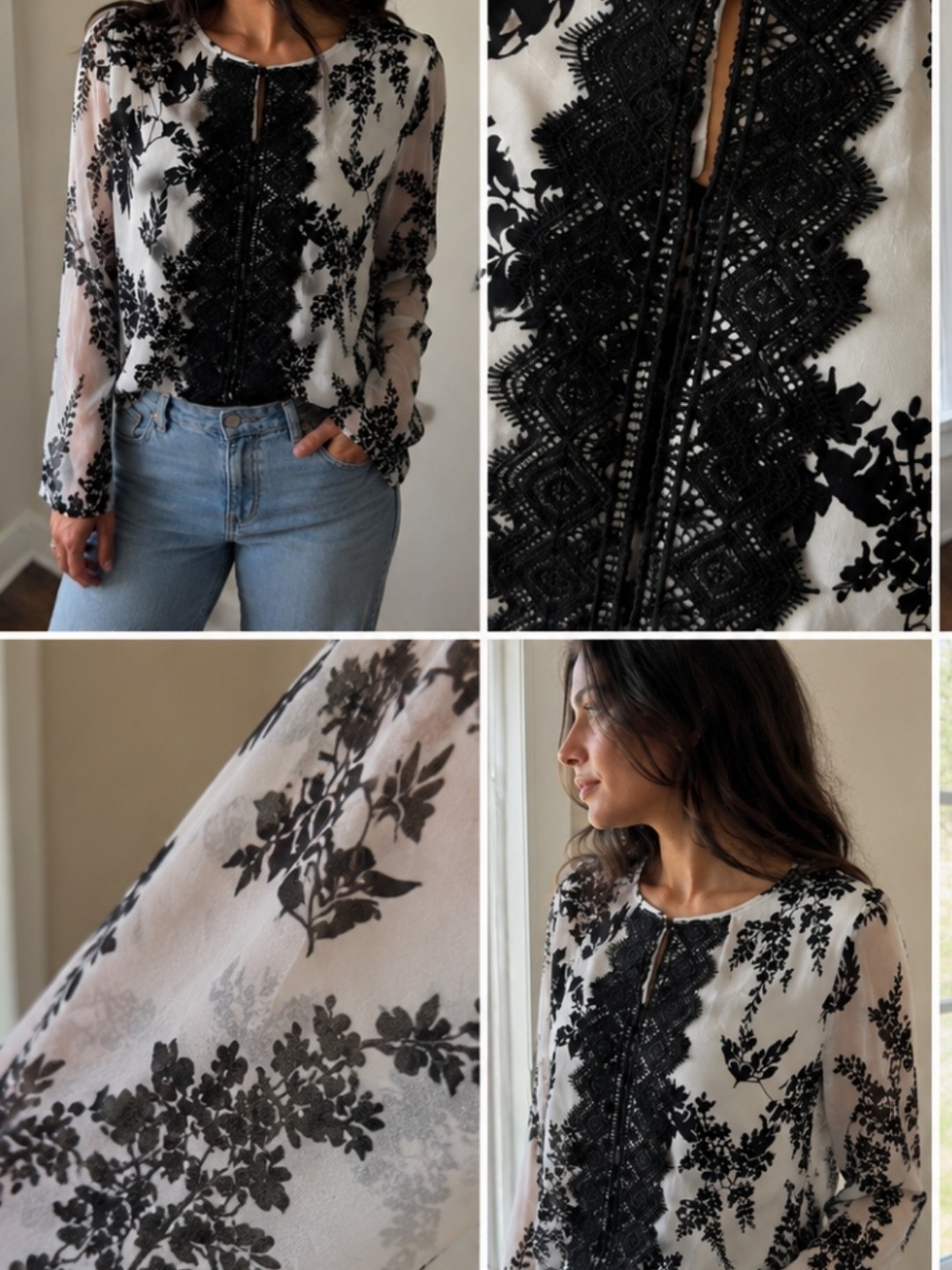 White House Black Market Black & White Floral Lace-Front Blouse